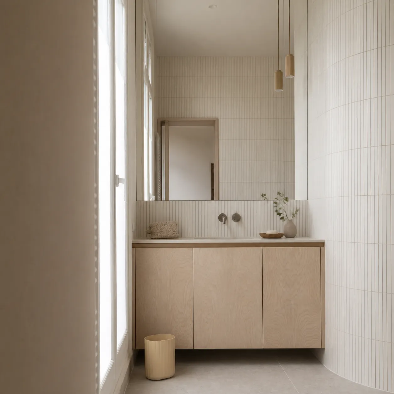 Badkamer op maat met wastafelmeubel onder een smal raam