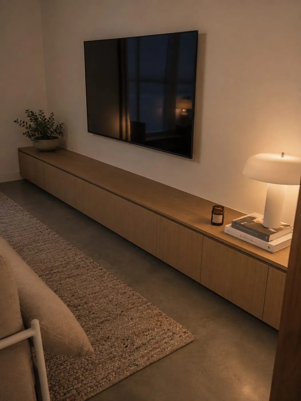 Zwevend tv-meubel op maat in eiken bij avondlicht, met een tafellamp op het blad en een led-lijn onder de bodem