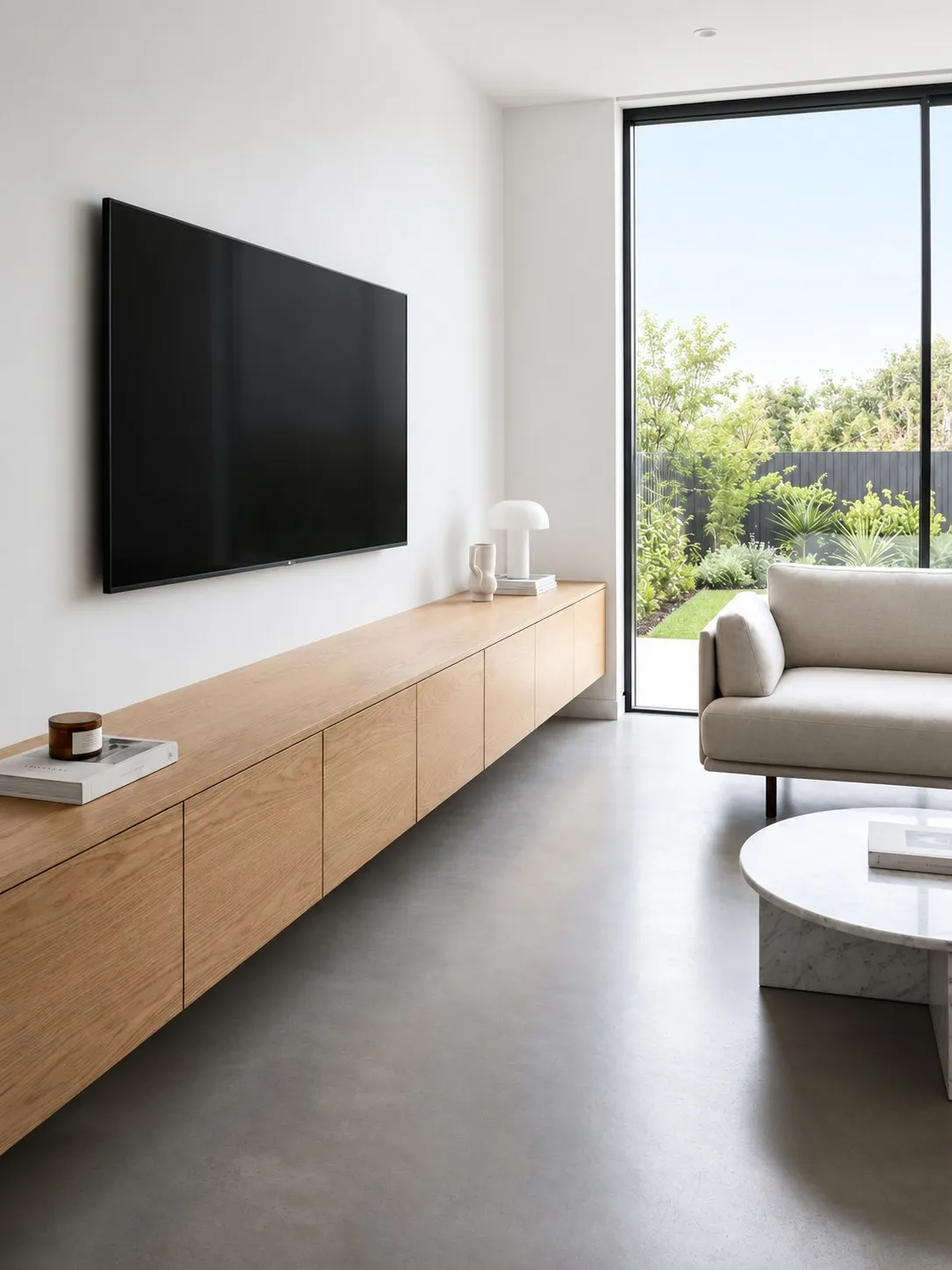 Zwevend tv-meubel op maat in eiken dat over de volle wandbreedte doorloopt tot aan het raam